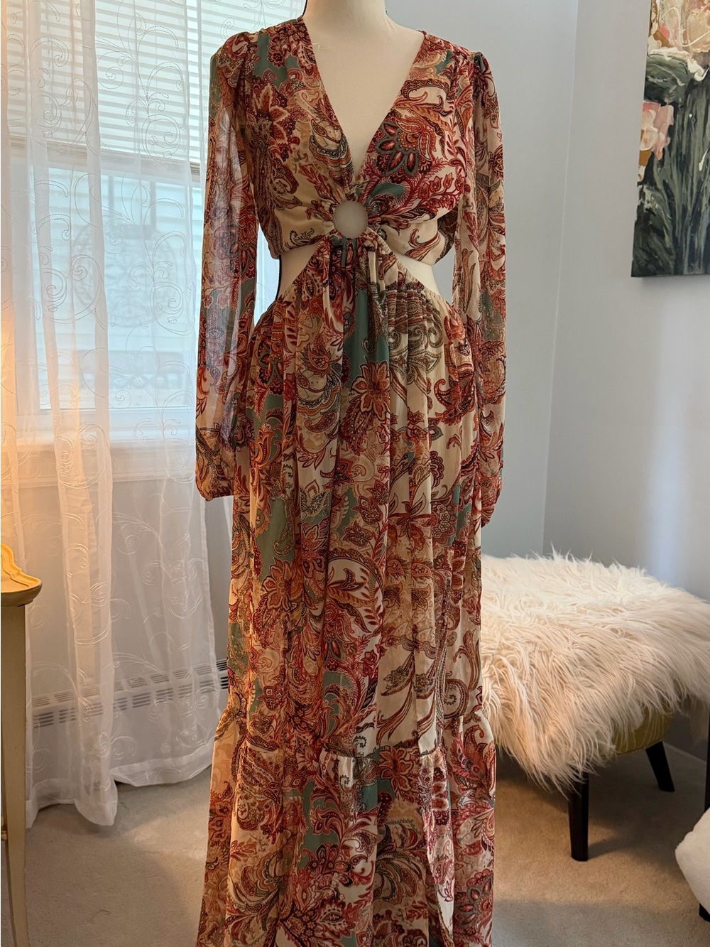 Jessica Simpson Red and Tan Paisley Cutout Maxi Dress